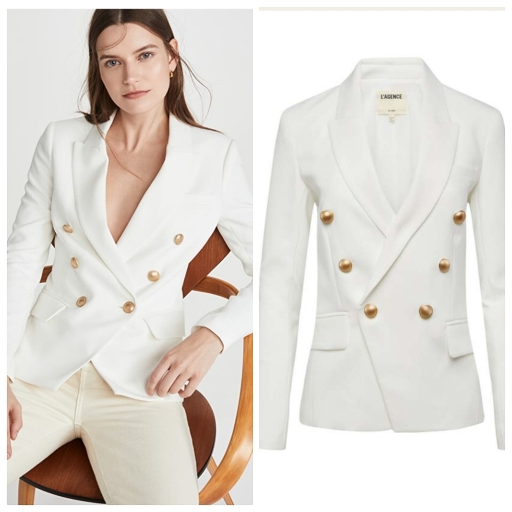 New L'AGENCE Kenzie Double-Breasted Gold Button Front Ivory Blazer Size 0 NWT